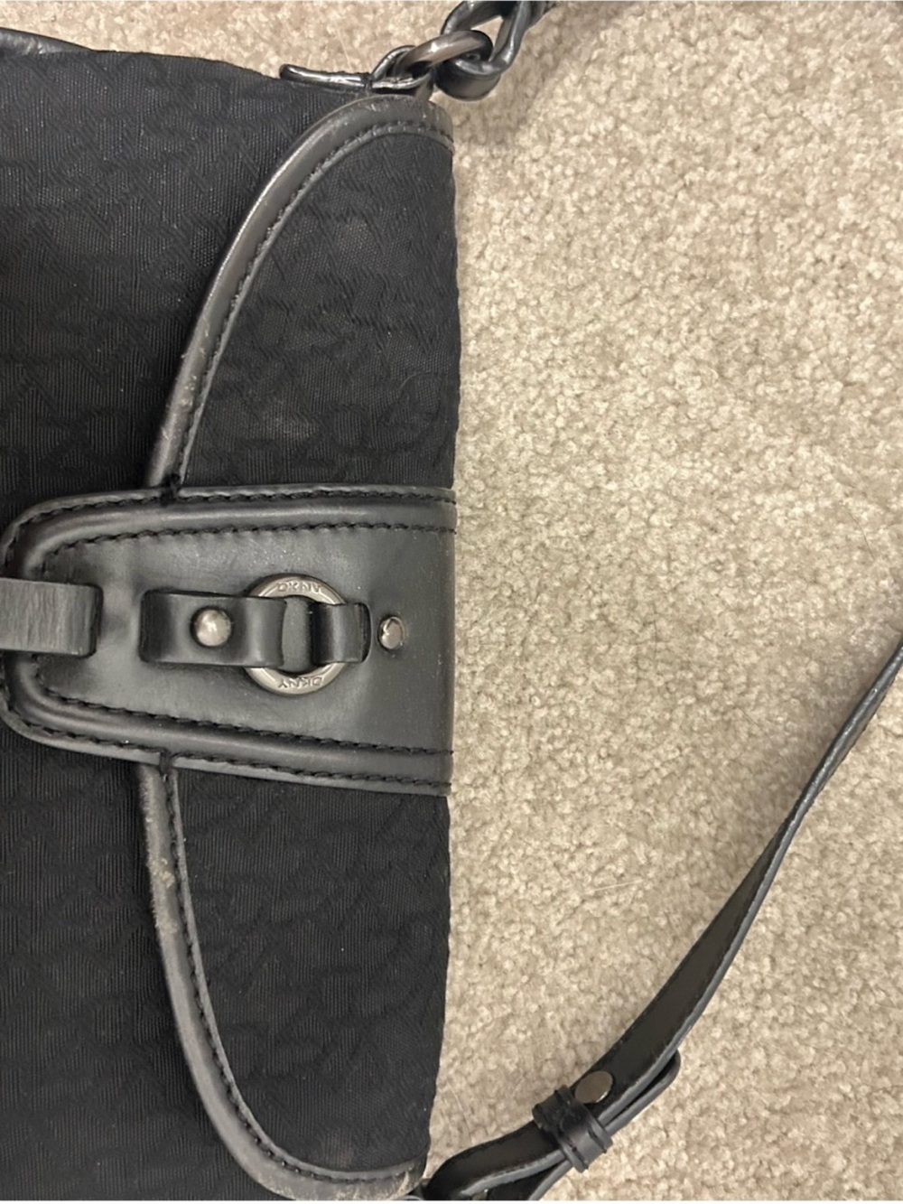 DNY Black Quilted Crossbody Messenger Bag with Leather Trim